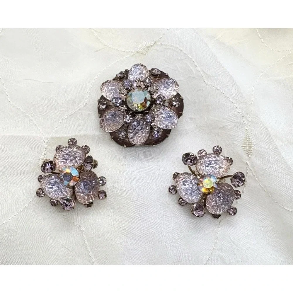 Vintage 1950s MCM Pink Lavender Rhinestone Brooch Clip On Earrings Matching‎ Set